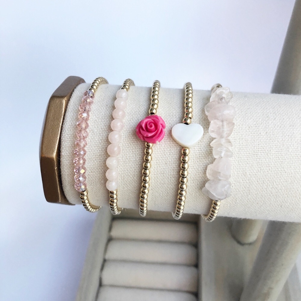 14k Gold Filled Rose Quartz Heart Beaded Bracelet